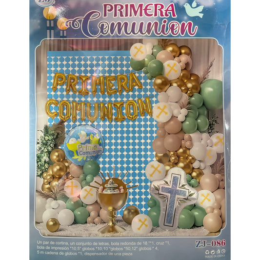 SET GLOBOS PRIMERA COMUNION (Para inflar con aire, incluye cortina, globos y letrero)