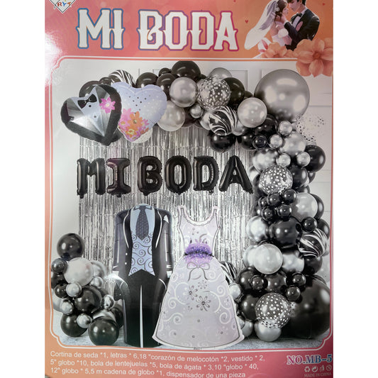 SET MI BODA (Para inflar con aire, incluye cortina, globos y letrero)