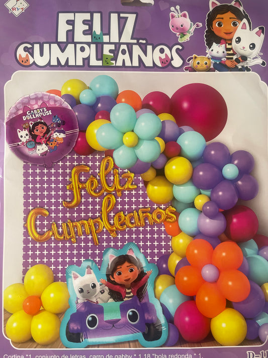 SET GLOBOS FELIZ CUMPLEAÑOS GABBY´S DOLLHOUSE (Para inflar con aire, incluye cortina, globos y letrero)