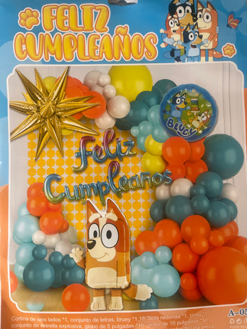 SET GLOBOS BLUEY FELIZ CUMPLEAÑOS  (Para inflar con aire, incluye cortina, globos y letrero)