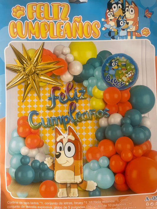 SET GLOBOS BLUEY FELIZ CUMPLEAÑOS  (Para inflar con aire, incluye cortina, globos y letrero)