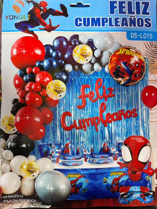 SET GLOBOS FELIZ CUMPLEAÑOS SPIDER-MAN (para inflar con aire, incluye cortina, globos y letrero)