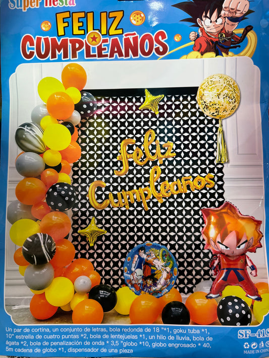 SET GLOBOS FELIZ CUMPLEAÑOS DRAGON BALL Z GOKU (para inflar con aire, incluye cortina, globos y letrero)