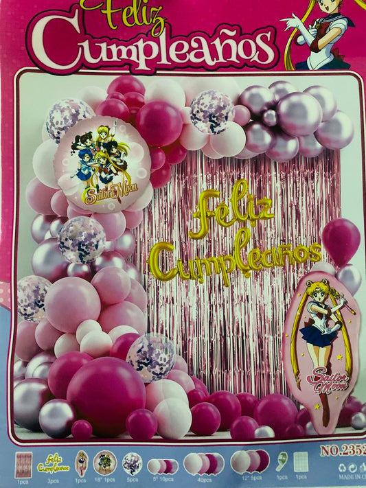 SET FELIZ CUMPLEAÑOS SAILOR MOON (Para inflar con aire, incluye cortina, globos y letrero)