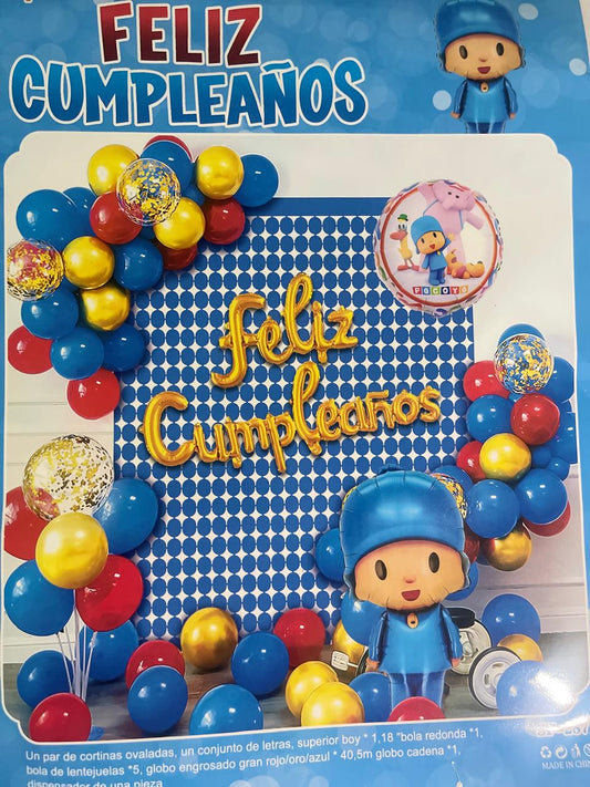 SET DE GLOBOS FELIZ CUMPLEAÑOS POCOYO (Para inflar con aire, incluye cortina, globos y letrero)
