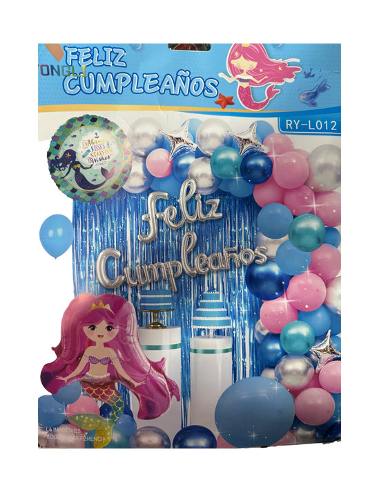 SET GLOBOS SIRENITA FELIZ CUMPLEAÑOS (Para inflar con aire, incluye cortina, globos y letrero)