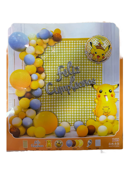 SET GLOBOS FELIZ CUMPLEAÑOS PIKACHU (para inflar con aire, incluye cortina, globos y letrero)