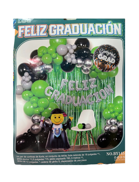 SET GLOBOS FELIZ GRADUACION (para inflar con aire, incluye cortina, globos y letrero)