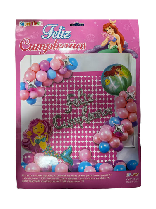 SET GLOBOS SIRENITA ARIEL (Para inflar con aire, incluye cortina, globos y letrero)