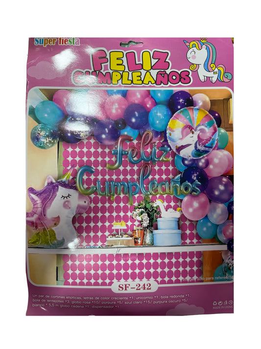 SET GLOBOS UNICORNIO (Para inflar con aire, incluye cortina, globos y letrero)