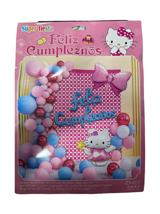 SET GLOBOS FELIZ CUMPLEAÑOS HELLO KITTY (para inflar con aire, incluye cortina, globos y letrero)