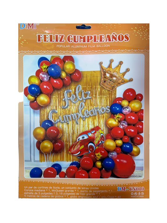 SET GLOBOS RAYO MCQUEEN CUMPLEAÑOS (Para inflar con aire, incluye cortina, globos y letrero)