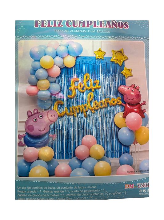 SET GLOBOS FELIZ CUMPLEAÑOS PEPPA PIG (para inflar con aire, incluye cortina, globos y letrero)