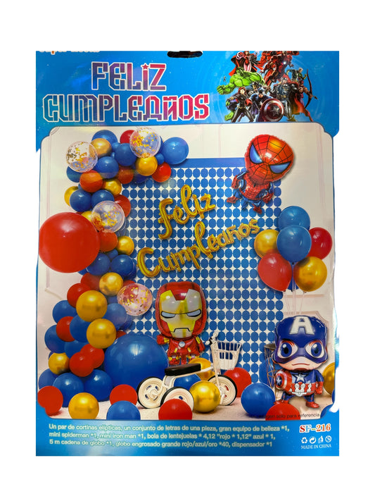 SET GLOBOS AVENGERS (Para inflar con aire, incluye cortina, globos y letrero)