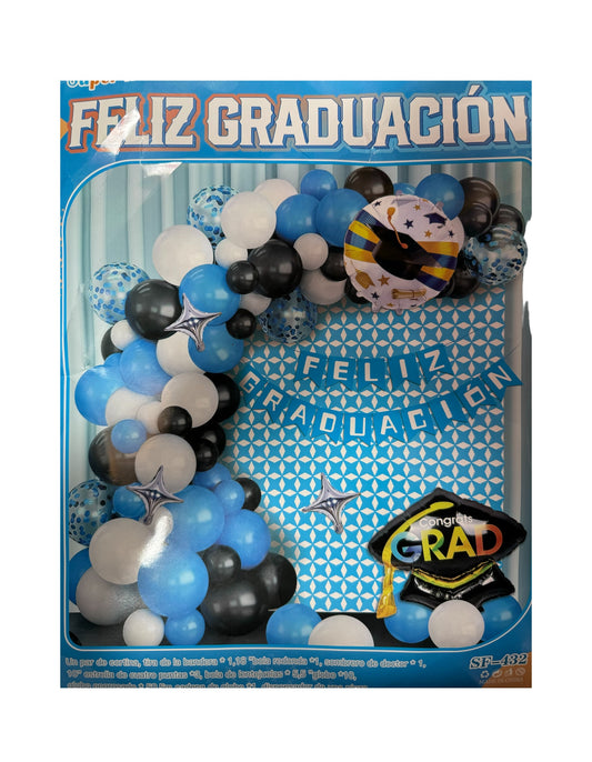 SET GLOBOS FELIZ GRADUACIÓN (para inflar con aire, incluye cortina, globos y letrero)