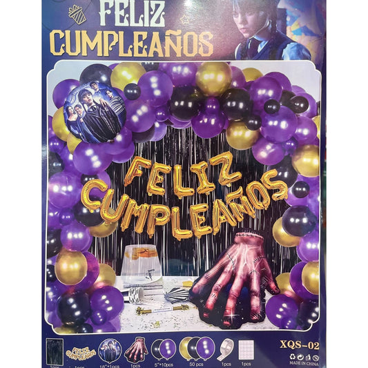 SET GLOBOS MERLINA FELIZ CUMPLEAÑOS (Para inflar con aire, incluye cortina, globos y letrero)